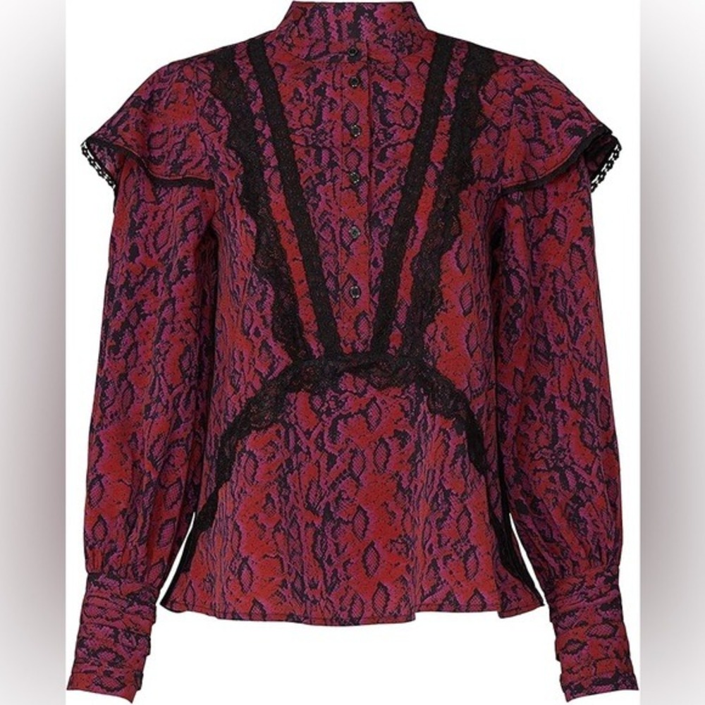 Koche Red Purple Snakeskin Print Lace Trim Blouse Buckle Cuffs Size‎ 36 Womens